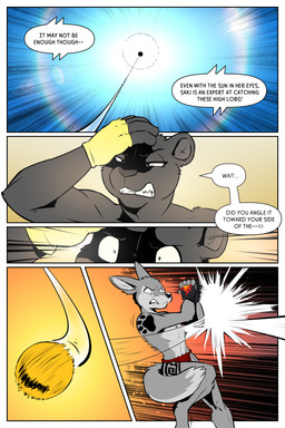 anthro clothed clothing commentary determined dialogue duo female fingerless_gloves fluffy fluffy_tail gloves handwear lens_flare motion_blur motion_lines sky sun surprised tail tattoo teeth text topless rick_griffin ideka sakitori canid canine canis felid mammal pantherine wolf 2024 2:3 comic english_text hi_res