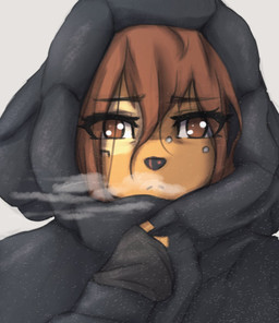 anthro black_nose breath brown_body brown_eyes brown_fur brown_hair clothing eyebrow_through_hair eyebrows eyelashes facial_markings facial_piercing facial_tattoo female female_anthro frown fur furgonomic_piercing furgonomics grey_background hair hair_over_eyes head_markings jacket looking_at_viewer markings mottled mottled_nose muzzle_piercing nose_piercing piercing pink_nose raised_arm shirt simple_background snow solo tattoo topwear translucent translucent_hair tinygaypirate apogee_(tinygaypirate) canid canine canis domestic_dog mammal spitz 2022 bust_portrait hi_res portrait