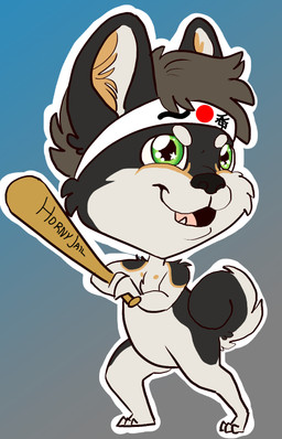 accessory baseball_bat bat_(object) brown_hair chibi curled_tail green_eyes hair headband japanese_flag open_mouth open_smile smile tail jaestring go_to_horny_jail canid canine canis domestic_dog mammal shiba_inu spitz 2020 digital_media_(artwork) hi_res meme
