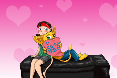 anthro blue_eyes blush bottomwear breasts brown_hair clothed clothing duo female fur furniture gradient_background green_eyes hair heart_symbol holidays humanoid_pointy_ears male male/female pointy_ears shorts simple_background tail tail_tuft tuft yellow_body yellow_fur nyarengadget ratchet_and_clank sony_corporation sony_interactive_entertainment valentine's_day ratchet_(ratchet_and_clank) talwyn_apogee alien alien_humanoid humanoid lombax mammal markazian 2015 3:2