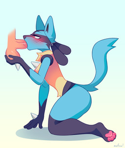 anthro blush breasts female female_anthro genitals kneeling medium_breasts nipples nude open_mouth pawpads paws penis simple_background surprised throbbing throbbing_penis wide_hips awfawl nintendo pokemon canid canine generation_4_pokemon lucario mammal pokemon_(species) absurd_res hi_res