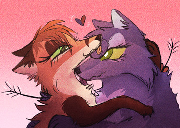 duo female female/female feral feral_on_feral fur gradient_background green_eyes half-closed_eyes head_lick heart_symbol kissing licking licking_another narrowed_eyes orange_body orange_fur pink_background purple_body purple_fur romantic romantic_couple simple_background tan_body tan_fur tongue wispyvixen canid canine canis fox mammal red_fox true_fox wolf 2024 bust_portrait portrait