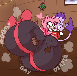 anthro big_diaper blush bodily_fluids boots bottomwear bow_ribbon brown_boots brown_clothing brown_footwear building christmas_decorations christmas_lights clothing diaper door duo female female/female footwear heart_symbol holidays house huge_diaper hyper mistletoe nervous nervous_sweat one_eye_closed pink_clothing pink_ribbon pink_sweater pink_topwear plant poof_effect red_clothing red_sweater red_topwear royalty shoes squiggle_mouth string_lights sweat sweater text topwear dummydoodles sega sonic_the_hedgehog_(series) amy_rose blaze_the_cat domestic_cat eulipotyphlan felid feline felis hedgehog mammal hi_res