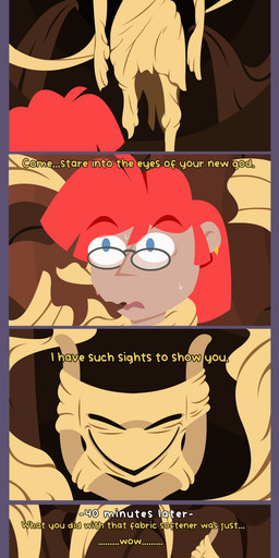 ambiguous_gender blue_eyes bone clothing duo eyewear for_a_head glasses hair male piercing pyramid red_hair text topwear vest shane_frost eldritch_abomination human humanoid mammal monster object_head unknown_species absurd_res comic english_text hi_res