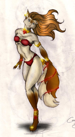 anklet anthro armlet blue_eyes bracelet breasts brown_hair ear_piercing ear_ring female hair harem harem_outfit jewelry piercing ring ring_piercing simple_background solo tail white_background vulpinevampiress canid canine fox mammal hi_res