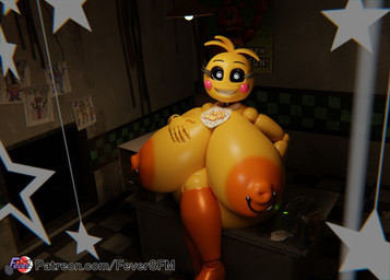 5_fingers anthro areola beakless bib big_breasts blush blush_stickers breasts checkered checkered_floor eyebrows eyelashes female fingers heart_eyes heart_symbol huge_breasts hyper hyper_breasts machine nipple_piercing nipple_ring nipples orange_areola orange_body orange_nipples piercing ring_piercing solo text yellow_body feversfm five_nights_at_freddy's five_nights_at_freddy's_2 scottgames lovetaste_chica runaboo_chica toy_chica_(fnaf) animatronic avian bird chicken galliform gallus_(genus) phasianid robot 2024 3d_(artwork) digital_media_(artwork) hi_res url