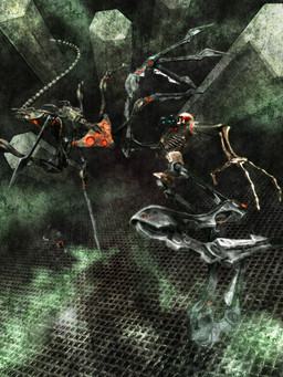 3_fingers 6_legs 8_eyes ambiguous_feral ambiguous_gender ambiguous_humanoid blade_arm bone duo feral fingers glowing glowing_eyes long_tail looking_at_viewer machine mechanical_arm mechanical_leg multi_eye multi_limb red_eyes rust segmented_body segmented_tail skeleton tail deino_(artist) deino_(modeler) calne_ca magnesium_(deino) animated_skeleton arthropod humanoid robot robot_feral robot_humanoid undead 2009 3:4 3d_(artwork) autodesk_3ds_max_(artwork) dark_theme digital_media_(artwork) full-length_portrait hi_res portrait female_(lore) male_(lore)