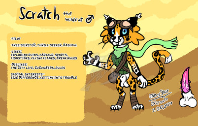 animal_genitalia animal_penis anthro balls blue_eyes clothed clothing facial_markings feline_genitalia feline_penis fur genitals green_clothing head_markings long_feet long_legs male markings orange_body pantsless pawpads paws penis scratch_the_wildcat sheath slim solo spots spotted_body tall blizzate bobcat caracal caracal_(genus) cheetah felid feline felis hybrid leopard lynx mammal pantherine tiger wildcat