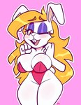 anthro big_breasts blonde_hair breasts bunny_costume cleavage clothed clothing costume curvy_figure eyeshadow female glistening_eyelids hair hourglass_figure makeup one_eye_closed solo white_body wide_hips wink monamania mario_bros nintendo super_mario_odyssey broodal hariet_(mario) lagomorph leporid mammal rabbit 2022 absurd_res digital_media_(artwork) hi_res portrait three-quarter_portrait