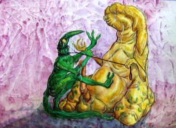 balls bdsm big_balls bodily_fluids bondage bound collar drooling duo erection forced genitals interspecies leash leash_pull male morbidly_obese nightmare_fuel obese overweight penis prehensile_penis rape saliva sex tears what mulefoot oddbird gastropod mollusk monster slug unknown_species artist_collaboration traditional_media_(artwork)