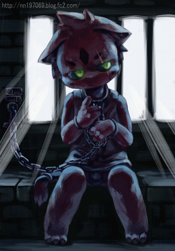 anthro bars biped black_sclera bound bulge chain clothed clothing collar cuff_(restraint) dark green_eyes handcuffs inside light metal_cuffs prison prison_bars prison_cell prisoner restraints shackles sitting slave solo sunlight nn_197069 domestic_cat felid feline felis mammal digital_media_(artwork) full-length_portrait portrait