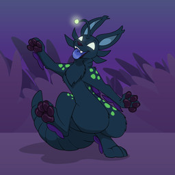 ambiguous_gender blue_body dancing feral fin glowing glowing_markings green_markings lure_(anatomy) markings purple_markings quadruped solo tail whiskers white_eyes akudrache failbetter_games fallen_london k'aazast lampcat 1:1 absurd_res hi_res nonbinary_(lore)