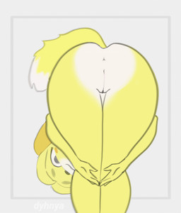 anthro butt butt_focus butt_heart female genitals solo tail vulva yellow_body dyhnya animal_crossing nintendo praise_da_booty_(meme) canid canine mammal absurd_res hi_res