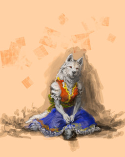abstract_background anthro biped clothed clothed_anthro clothed_female clothing dress female female_anthro frilly frilly_clothing fur pose red_eyes ruff simple_background sitting solo whiskers yokozuwari sekki canid canine canis mammal wolf 2009 digital_media_(artwork) hi_res