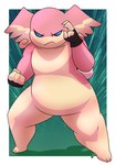 2023 absurd_res angry anthro audino border claws female fighting_pose flat_chested fur generation_5_pokemon hi_res marshmallow_(audino) nintendo pink_body pink_fur pokemon pokemon_(species) pose potoobrigham slightly_chubby solo thick_thighs white_border wide_hips