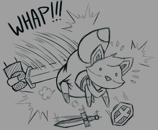 ambiguous_gender anthro beady_eyes big_diaper bodily_fluids butt_slap clean_diaper clothed clothing cloud_emanata contact_onomatopoeia diaper diaper_puff dipstick_tail duo emanata exclamation_point floating flying_sweatdrops gloves gloves_(marking) grey_background handwear head_tuft holding_melee_weapon holding_object holding_sword holding_weapon impact_onomatopoeia markings melee_weapon mostly_offscreen_character onomatopoeia scarf shield shirt simple_background slap sound_effects spanking sweat sweatdrop sword tail tail_markings text topwear tuft tunic weapon wearing_diaper tenerius tunic_(video_game) ruin_seeker canid canine fox mammal 2025 absurd_res greyscale hi_res monochrome sketch