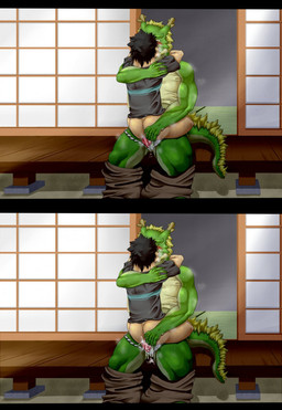 5_fingers age_difference anal anal_penetration animal_genitalia anthro anthro_penetrating anthro_penetrating_human asian_clothing balls biceps big_muscles biped black_bars blush bodily_fluids bottomless bottomwear bottomwear_down breath butt butt_grab clothed clothing cum cum_drip cum_in_ass cum_inside cum_on_butt cum_on_penis dripping duo east_asian_clothing erection eyes_closed fingers from_front_position fundoshi genital_fluids genital_slit genitals green_body green_skin hand_on_butt horn human_on_anthro human_penetrated interspecies japanese_clothing kissing larger_anthro larger_male leaking male male/male male_on_bottom male_on_top male_penetrated male_penetrating male_penetrating_male mastery_position muscular muscular_male on_bottom on_top pants pants_down partially_clothed pecs penetration penis sex shirt size_difference smaller_human smaller_male smaller_on_top straddling sweat tail topwear underwear toorin asian_mythology east_asian_mythology morenatsu mythology hiroyuki_nishimura tappei_midoriya dragon eastern_dragon human mammal mythological_creature mythological_scalie scalie 2012 hi_res letterbox