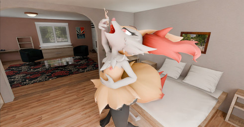 anthro bed duo extreme_size_difference female fur furniture genitals human_prey imminent_vore inside male micro open_mouth oral_vore penis shrinking size_difference size_transformation smaller_human tail transformation vore hakhop cumminham_(modeler) nintendo pokemon braixen generation_6_pokemon human mammal pokemon_(species) 3d_(artwork) digital_media_(artwork) hi_res