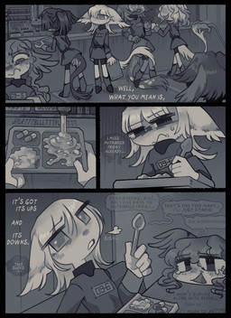 adolescent adolescent_anthro canteen clothing cutlery dialogue disgust disgusted_face dispenser drugs duo ear_tuft female food furniture group id_number inside kitchen_utensils lunch_tray machine military military_uniform number_on_clothing numbered_tag pills plantigrade slime sofa spoon tail tail_tuft text tools tray tuft uniform young sinnerpen rimworld canid canine felid feline fox hybrid mammal true_fox unknown_species comic english_text hi_res monochrome