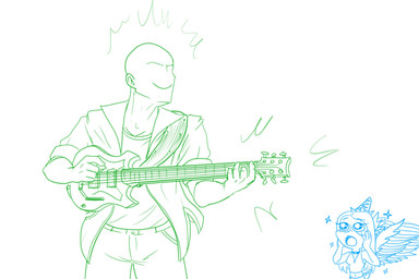 anthro bald bottomwear breasts clothed clothing duo electric_guitar faceless_character faceless_human faceless_male feathered_wings feathers female guitar hand_on_face hand_on_own_face holding_guitar holding_musical_instrument holding_object human_focus male musical_instrument pants plucked_string_instrument shirt simple_background smile solo_focus sparkles sparkling_eyes string_instrument topwear wings protonmono cavemanon_studios goodbye_volcano_high ko_op_(game_developer) snoot_game anon_(snoot_game) fang_(gvh) human mammal prehistoric_species pterosaur reptile scalie 3:2 blue_and_white green_and_white hi_res line_art monochrome
