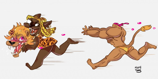 angry anthro blonde_hair detachable detachable_head female hair headless male open_mouth running teeth toks 2015