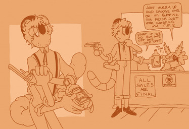 4_arms 4_fingers alcohol anthro beard beverage bottomwear cashier clothed clothing dialogue duo eye_patch eyewear facial_hair female fingers footwear fully_clothed gun hair half-closed_eyes hand_on_chin holding_beverage holding_gun holding_object holding_ranged_weapon holding_weapon jewelry male multi_arm multi_limb narrowed_eyes pants pendant ranged_weapon shirt shoes short_hair slim_male speech_bubble suspenders tail text thinking topwear weapon polychaete_(artist) christmas_(milkbubbles) leslie_(polychaete) aquatic aquatic_gastropod flatworm gastropod jorunna_parva mollusk nudibranch sea_slug slug tapeworm worm 2019 digital_drawing_(artwork) digital_media_(artwork) english_text monochrome sepia