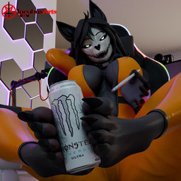 anthro big_breasts black_body black_fur bone breasts clothed clothing drugs feet female female_anthro foot_fetish foot_focus fur gaming_chair getting_high joint marijuana monster_girl_(genre) orange_jumpsuit paws scp-1471 skull smoking smoking_marijuana solo teasing_with_feet toe_grab toes white_eyes incubusarts monolitwec_(modeler) monster_energy scp_foundation scp-1471-a canid canine malo mammal 1:1 absurd_res hi_res