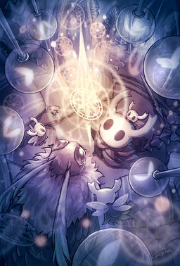 ambiguous_gender anthro biped black_body cloak clothed clothing feral flying fur group high-angle_view holding_object holding_weapon looking_at_object looking_up neck_tuft standing tuft weapon wings sinsin hollow_knight_(franchise) team_cherry seer_(hollow_knight) the_knight_(hollow_knight) arthropod insect lepidopteran moth vessel_(species) 2025 hi_res