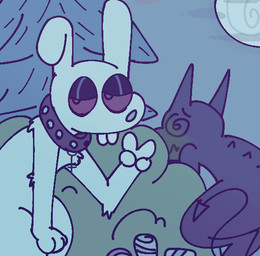 alcohol ambiguous_gender anthro beer beverage choker collar cross drunk duo gesture hand_gesture inverted_cross jewelry moon necklace plant shrub spiral spiral_eyes substance_intoxication teeth tree unconscious v_sign silly_imp demon lagomorph leporid mammal rabbit male_(lore)