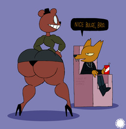 anthro beverage_can big_butt boots bottomwear brown_body brown_fur bubble_butt butt clothed clothing crossdressing curvy_figure dialogue duo eyelashes eyewear fangs femboy footwear fur glasses grin hat headgear headwear high_heels jacket logo male notched_ear orange_body orange_fur rear_view shoes sitting skirt small_waist smile speech_bubble sweater teeth text thick_thighs topwear underwear wasp_waist wide_hips yellow_sclera thatdawgmurray night_in_the_woods angus_delaney gregg_lee bear canid canine fox mammal aliasing artist_logo artist_name digital_media_(artwork) english_text hi_res signature