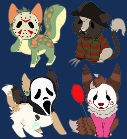 ambiguous_gender balloon black_body black_clothing black_fur black_hat black_headwear brown_body brown_fur chibi clothed clothed_feral clothing cosplay costume digitigrade dot_eyes ear_piercing ear_ring feral fur gauged_ear green_body green_fur halloween_costume hat head_tuft headgear headwear holidays inflatable mask orange_body orange_fur pattern_clothing pattern_sweater pattern_topwear piercing pink_clothing pink_nose pink_sweater pink_topwear plug_(jewelry) raised_tail red_balloon ring_piercing simple_background simple_eyes sitting solo standing striped_clothing striped_sweater striped_topwear stripes sweater tail tail_tuft topwear transparent_background tuft white_body white_fur sebdoggo friday_the_13th_(series) halloween it_(stephen_king) nightmare_on_elm_street scream_(films) stephen_king_(copyright) freddy_krueger ghostface_(scream) jason_voorhees pennywise_the_dancing_clown australian_shepherd canid canine canis domestic_dog herding_dog mammal pastoral_dog sheepdog 2017 aliasing alpha_channel digital_media_(artwork) flat_colors microsoft_paint_(artwork) multiple_images