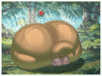anthro big_breasts big_butt bottomwear breasts butt clothing dipstick_tail duo ellipsis female hair huge_breasts huge_butt hyper hyper_breasts hyper_butt larger_female lying male markings multicolored_body nude on_front onomatopoeia red_body shorts size_difference smaller_male sound_effects tail tail_markings text two_tone_body daeriusus disney winnie_the_pooh_(franchise) kanga canid canine fox kangaroo macropod mammal marsupial english_text hi_res