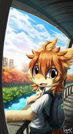 amber_eyes anthro backpack bangs building cheek_tuft chest_tuft clothed clothing cloud day facial_tuft fur grass hair hair_between_eyes kemono looking_at_viewer male morning open_mouth orange_hair plant sky smile solo teeth tongue tree tuft water young young_male penguinexperience mythology kutto dragon furred_dragon furred_scalie mythological_creature mythological_scalie scalie 2014