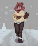 anthro brown_body brown_fur claws clothing collar duo female femboy fur legwear male pantyhose pawpads size_difference smile snow snowman solo_focus sweater topwear walking cinnamimi alice_lovage samantha_(cinnamimi) bear bovid bovine cattle mammal 2023 digital_media_(artwork) hi_res