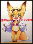 anthro bikini black_border black_eyes border clothing female fur hair kemono navel open_mouth orange_body orange_fur orange_hair panties simple_background solo swimwear two-piece_swimsuit underwear white_background mabo_(artist) canid canine fox mammal 3:4 hi_res