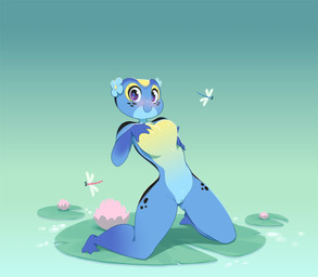 big_breasts black_eyes black_markings blue_background blue_body blue_flower blue_pupils blush breast_grab breast_play breasts featureless_breasts female flower flower_accessory genitals gradient_background gradient_eyes green_background hand_on_breast hand_on_side kneeling lily_pad looking_at_viewer markings pink_flower plant pupils purple_eyes simple_background smile solo vulva water yellow_body miu amphibian arthropod dragonfly frog insect poison_dart_frog 2023 hi_res