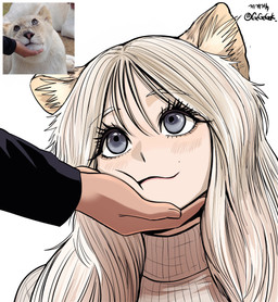 blue_eyes blush blush_lines clothing creature_and_personification duo eyebrows eyelashes female hair hand_on_cheek humanoidized inner_ear_fluff long_hair photo_reference smile solo_focus sweater text topwear tuft white_hair gegegekman animal_humanoid felid felid_humanoid humanoid lion_humanoid mammal mammal_humanoid pantherine pantherine_humanoid 2026 artist_name hi_res reference_image