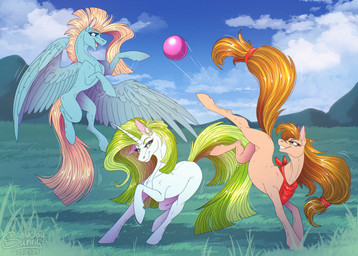ball cloud cloudy_sky feathers female feral flying group happy hooves horn kick open_mouth playing reward sky trio wings sunny_way hasbro my_little_pony mythology earth_pony equid equine horse mammal mythological_creature mythological_equine pegasus pony unicorn hi_res