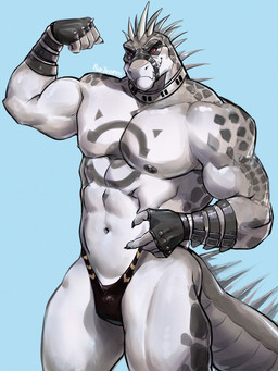 5_fingers abdominal_markings abs anthro areola biceps black_areola black_claws black_clothing black_mask black_nipples black_thong black_underwear blue_background buckle butt chest_markings claws closed_smile clothed clothing clothing_pull deltoids eye_mask finger_claws fingerless_gloves fingers flexing flexing_bicep forearm_muscles glistening glistening_body gloves green_body green_markings green_scales green_tail grey_body grey_spikes grey_tail handwear head_spikes leather leather_muzzle looking_aside male markings mouth_closed multicolored_body multicolored_tail muscular muscular_anthro muscular_arms muscular_legs muscular_male muzzle_(object) muzzled navel neck_markings nipples pecs quads red_sclera scales scaly_tail sharp_teeth simple_background smile solo spiked_gloves spiked_tail spikes spikes_(anatomy) standing tail teeth teeth_showing thick_tail thong thong_only thong_pull three-quarter_view topless triceps underwear underwear_only underwear_pull ventral_scales white_eyes wristband yellow_clothing yellow_thong yellow_underwear purtropos dislyte lilith_games daylon_(dislyte) crocodile crocodilian reptile scalie 2026 3:4 digital_media_(artwork) hi_res portrait signature sketch three-quarter_portrait