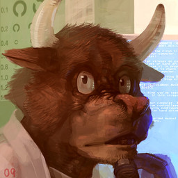 anthro biped blue_screen_of_death brown_body brown_fur chart clothed clothing computer_monitor detailed_background eye_chart fully_clothed fur horn male serious_business solo motogen bovid bovine cattle mammal 1:1 2009 bust_portrait digital_media_(artwork) digital_painting_(artwork) icon painting_(artwork) portrait