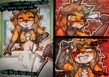 anthro blood blue_nipples blush bodily_fluids breasts dialogue eyeball female fur genitals glistening glistening_body glowing gore gore_focus hair holding_object knife knife_play looking_at_viewer masochism mutilation nipples nude nude_anthro nude_female open_mouth penetration regret scared self-harm self_mutilation simple_background smile solo standing tail teeth text tongue weapon wide_eyed wounded khalfy_kun intelfox_(intelfox51) canid canine fox mammal absurd_res comic digital_media_(artwork) english_text hi_res