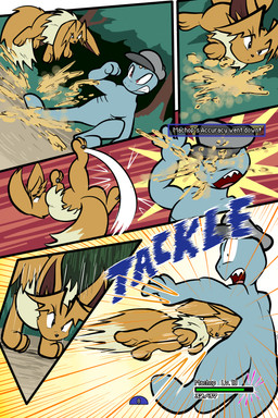 5_panel_comic ambiguous_gender attack biped black_eyes black_nose blue_body blue_text brown_body brown_hair clenched_teeth clothing day duo exclamation_point eyebrows eyes_closed feral fight fluffy fluffy_tail fur gameplay_mechanics gui hair hat headgear headwear health_bar kick level looking_at_another midair motion_lines mouth_closed neck_tuft one_eye_closed open_mouth outside page_number pawpads paws plant quadruped red_eyes sand sharp_teeth shrub sound_effects tackle tail teeth text tongue toony translucent translucent_hair tree tuft wearing_hat white_sclera white_text virmir nintendo pokemon pokemon_mystery_dungeon spike_chunsoft virmir_(character) eevee generation_1_pokemon humanoid machop pokemon_(species) 2024 2:3 absurd_res comic digital_media_(artwork) english_text hi_res male_(lore)