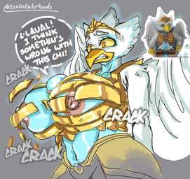anthro areola armor back_wings beak big_breasts blue_body blue_feathers breasts broken_armor clothing dialogue eyelashes feathered_wings feathers female grey_background huge_breasts nipples orange_eyes pink_areola pink_nipples simple_background solo speech_bubble text wardrobe_malfunction white_body white_feathers wide_hips wings yellow_sclera teatotalerlewds legends_of_chima lego eris_(legends_of_chima) accipitrid accipitriform avian bird eagle reference_image