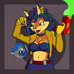 anthro blue_hair breasts brown_eyes cleavage clothed clothing dangling duo female gentle_giant gun hair holding_character lifted lifted_by_tail macro male micro micro_in_hand midriff navel police ranged_weapon shrink_ray shrinking simple_background size_difference size_transformation smile solo_focus tail transformation weapon mattythemouse sly_cooper_(series) sony_corporation sony_interactive_entertainment sucker_punch_productions carmelita_fox sly_cooper canid canine fox mammal procyonid raccoon 1:1 hi_res