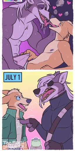 anthro argument bodily_fluids clothed clothing clothing_pull duo eye_patch eyewear fingerless_gloves fur gloves handwear heart_symbol jacket kissing lgbt_pride male male/male multicolored_body multicolored_fur muscular muscular_anthro muscular_male orange_body orange_fur pecs pride_colors purple_body purple_fur saliva sweat sweatdrop tongue tongue_out topless topless_anthro topless_male topwear two_tone_body two_tone_fur underwear underwear_pull toomuchdynamite lgbt_pride_month nintendo star_fox fox_mccloud slippy_toad wolf_o'donnell canid canine canis fox mammal wolf 2026 absurd_res comic hi_res