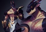 abs anthro biceps black_body dagger horn male melee_weapon muscular muscular_anthro muscular_male nipples pecs scar solo tail weapon luluthir cloud_meadow mythology brontide_(cloud_meadow) dragon mythological_creature mythological_scalie scalie