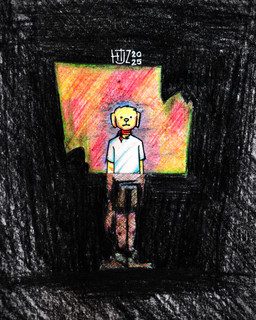 anthro blood_tears clothing looking_at_viewer looking_out_window looking_outside male mental_health regold_(a_true_place) self-harm shadow shirt solo standing t-shirt tail_down topwear window valken_holmes bird_dog canid canine canis domestic_dog golden_retriever hunting_dog mammal retriever absurd_res hi_res watermark