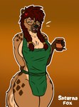 accessory anthro apron apron_only barista clothed clothing eyewear female fur glasses hair hair_accessory open_mouth partially_clothed pigtails simple_background smile solo tail teeth saturnafox anaya_(saturnafox) hyena mammal spotted_hyena digital_media_(artwork)