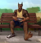 5_fingers 5_toes anthro balls barefoot bench bottomwear clothed clothing feet fingers flaccid footwear foreskin fur genitals holding_clothing holding_footwear holding_object holding_shoes humanoid_feet humanoid_genitalia humanoid_hands humanoid_penis male muscular muscular_male on_bench partially_retracted_foreskin penis penis_poking_out plantigrade shirt shoes shorts sitting soles solo tank_top toes topwear rozgi canid canine canis dobermann domestic_dog mammal pinscher digital_media_(artwork) hi_res