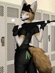 anthro binoculars butt clothing dark_clothing female fingerless_gloves fur gloves glowstick gun handwear inside locker_room military military_uniform multicolored_body multicolored_fur ranged_weapon rear_view solo submachine_gun two_tone_body two_tone_fur uniform weapon yoke_pose pequod_vl canid canine fennec_fox fox mammal true_fox 3:4 3d_(artwork) absurd_res digital_media_(artwork) hi_res